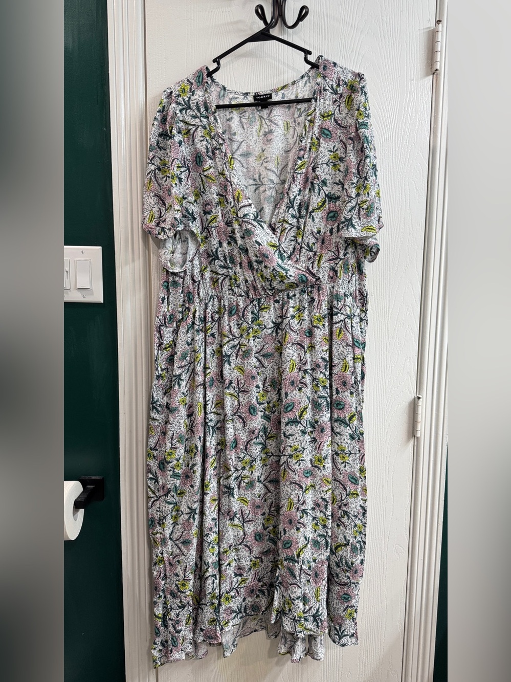 torrid Pink Floral Faux-Wrap Midi Dress with Green Accents